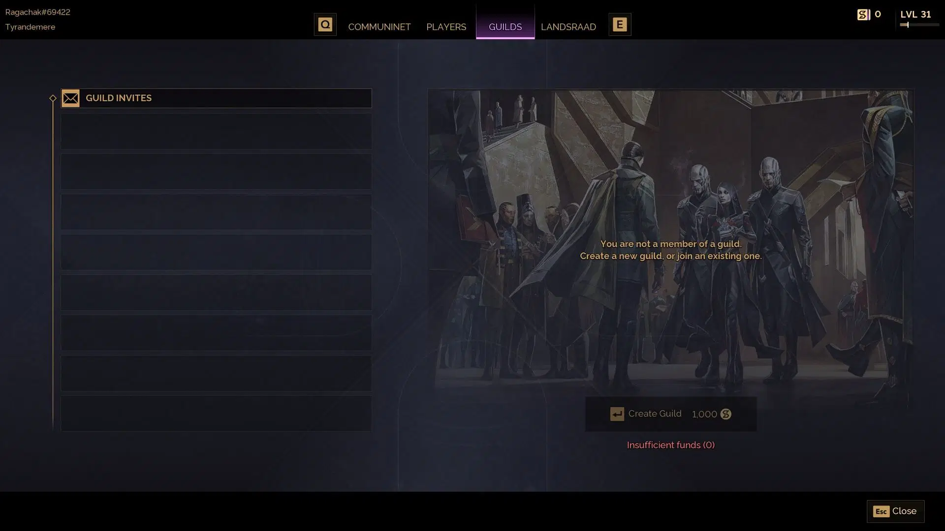 This part of the UI used to have guild advertisements, but now it only shows guild invites and the ability to create a guild (Image via Funcom)