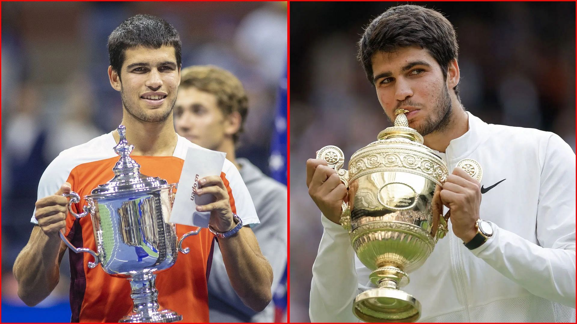 Carlos Alcaraz with his US Open 2022 trophy (L) Wimbledon 2023 trophy (R) | Getty