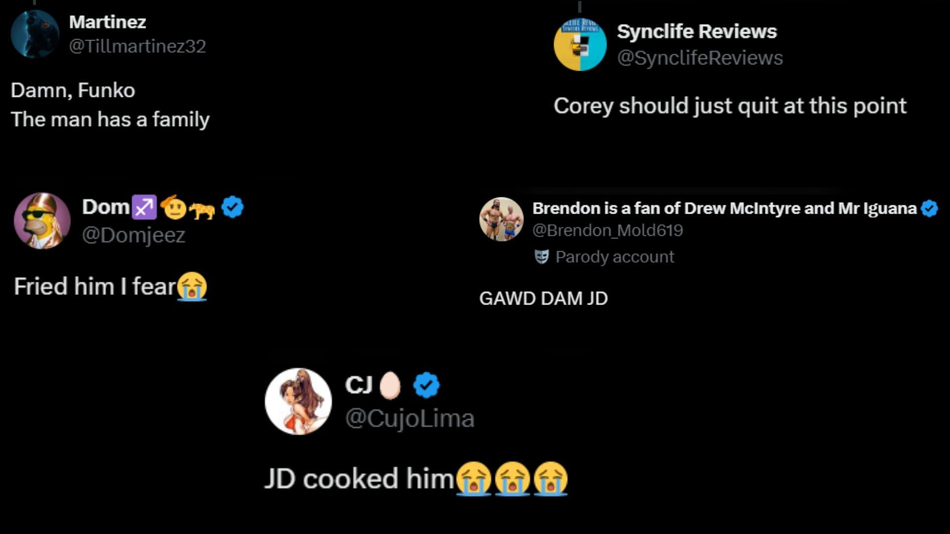 Screenshots of fans&#039; reactions. [Image credit: WrestlingWorldCC&#039;s X]
