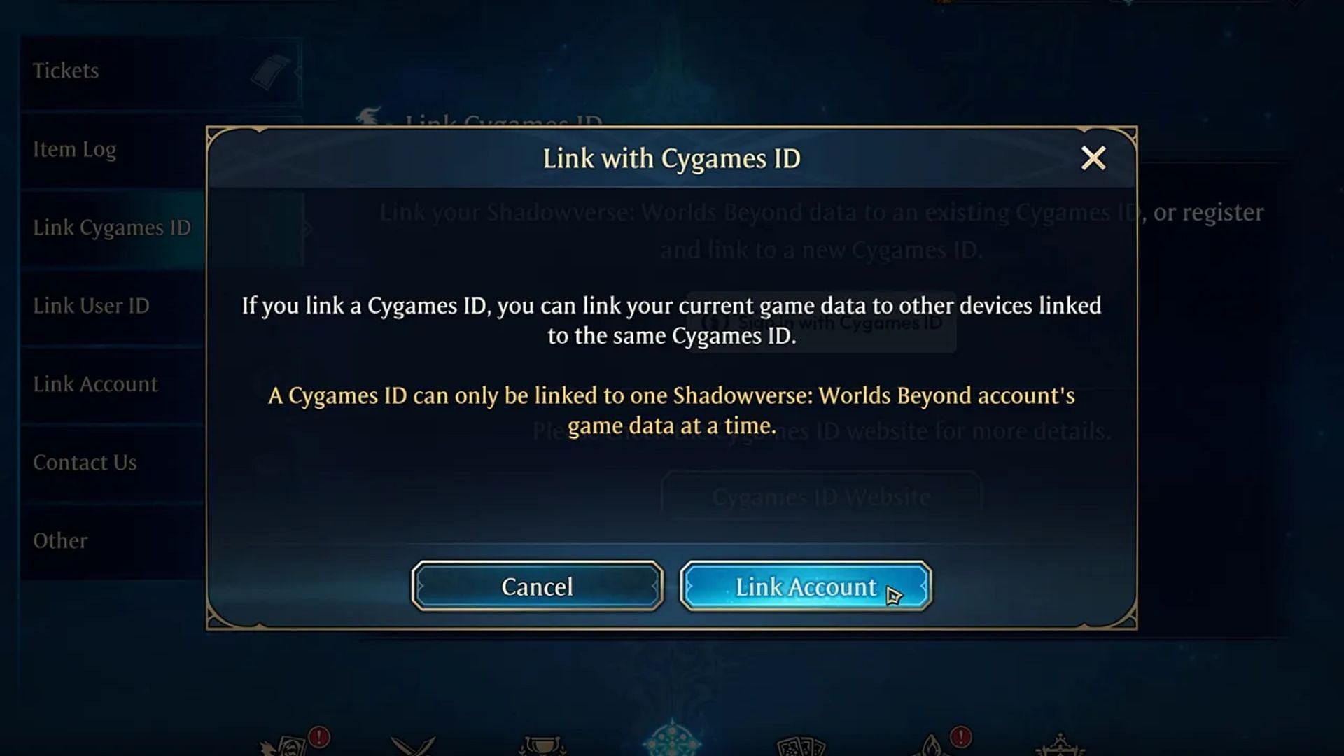 ID registration confirmation in Shadowverse Worlds Beyond (Image via Cygames)