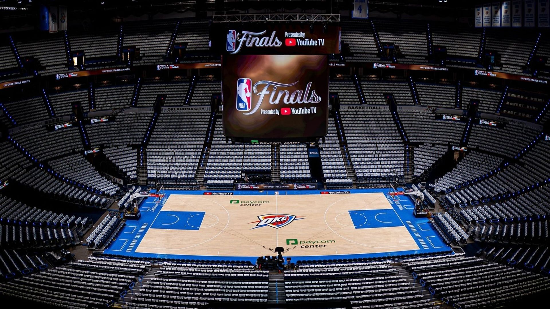 The absence of the Larry O&rsquo;Brien trophy logo and &ldquo;NBA Finals&rdquo; text on the court during this year