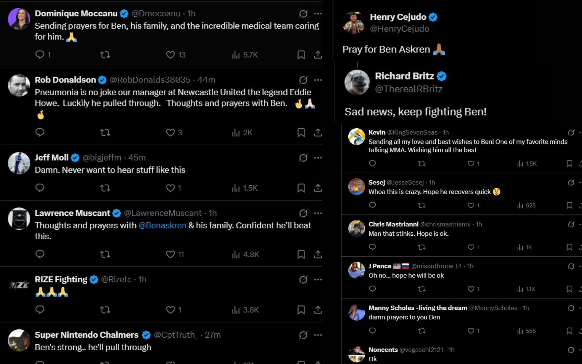 Fans react to the news that Ben Askren is in critical condition. [Screenshots courtesy: @arielhelwani on X]