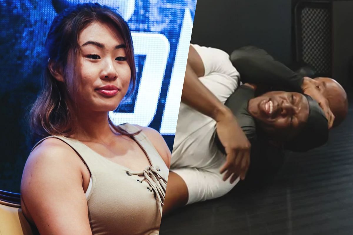 Angela Lee (left) and Demetrious Johnson choking out KSI. [Photos from ONE Championship, Demetrious Johnson]