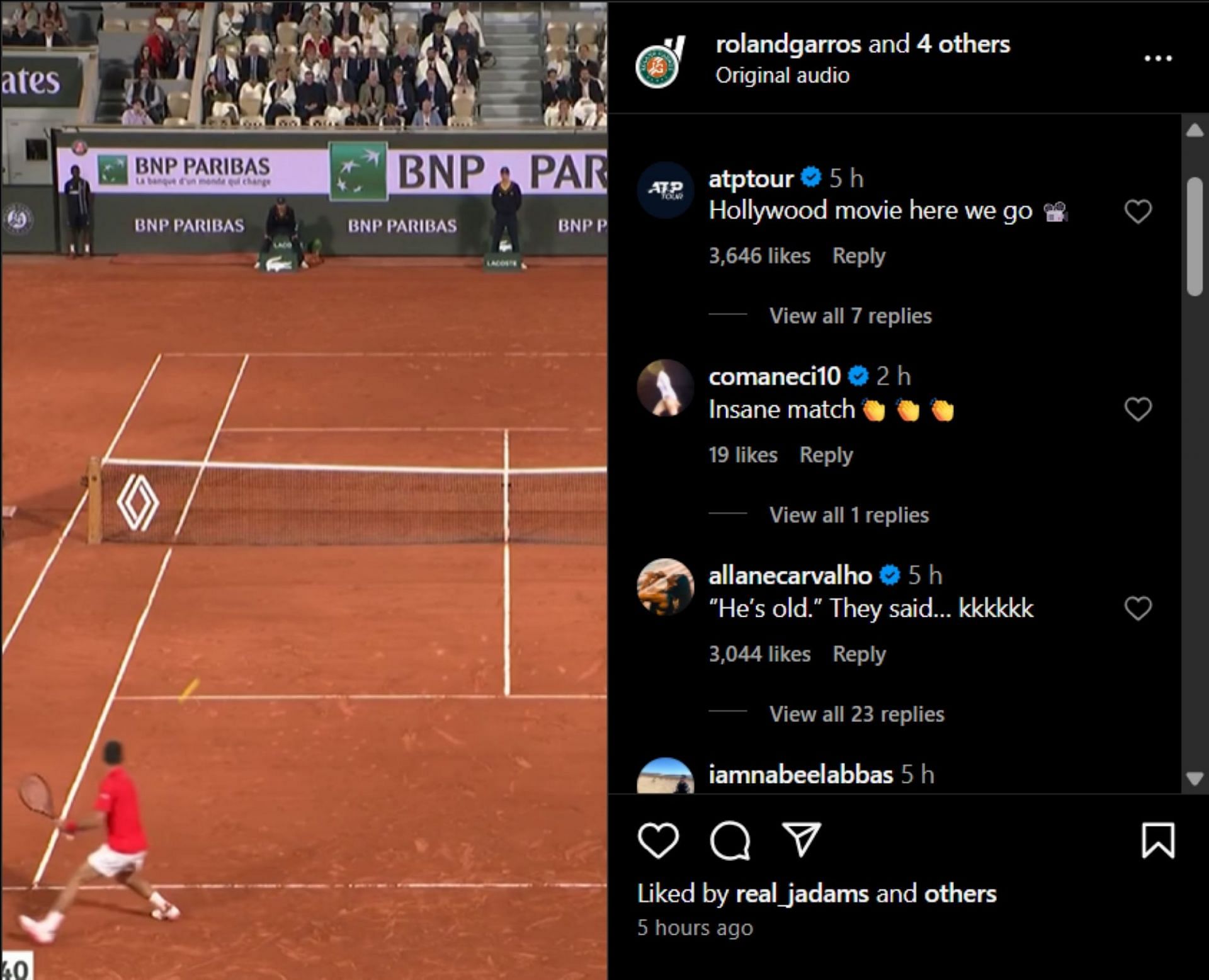 Comaneci reacts to Djokovic and Zverev&#039;s match; Instagram - @rolandgarros