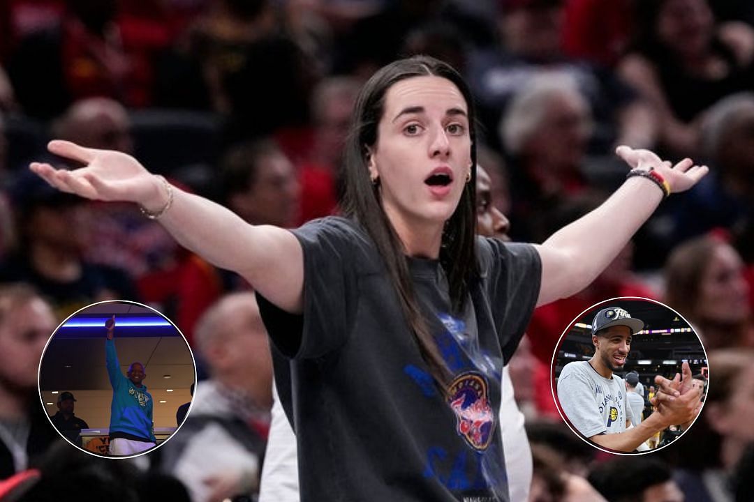 Caitlin Calrk during on the touchline during a WNBA game, John Haliburton in the stands during the NBA ECF, Tyrese Haliburton celebrates the Pacers