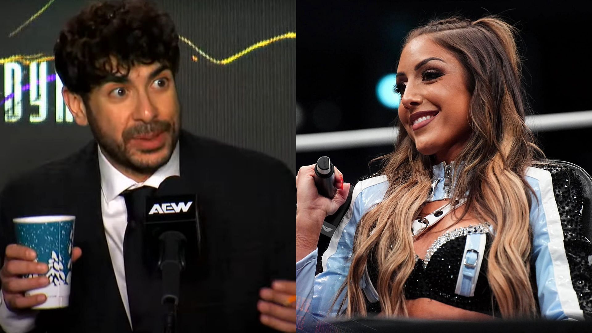 Tony Khan (left) and Britt Baker (right). (Image credits: AEW YouTube channel &amp; Britt Baker