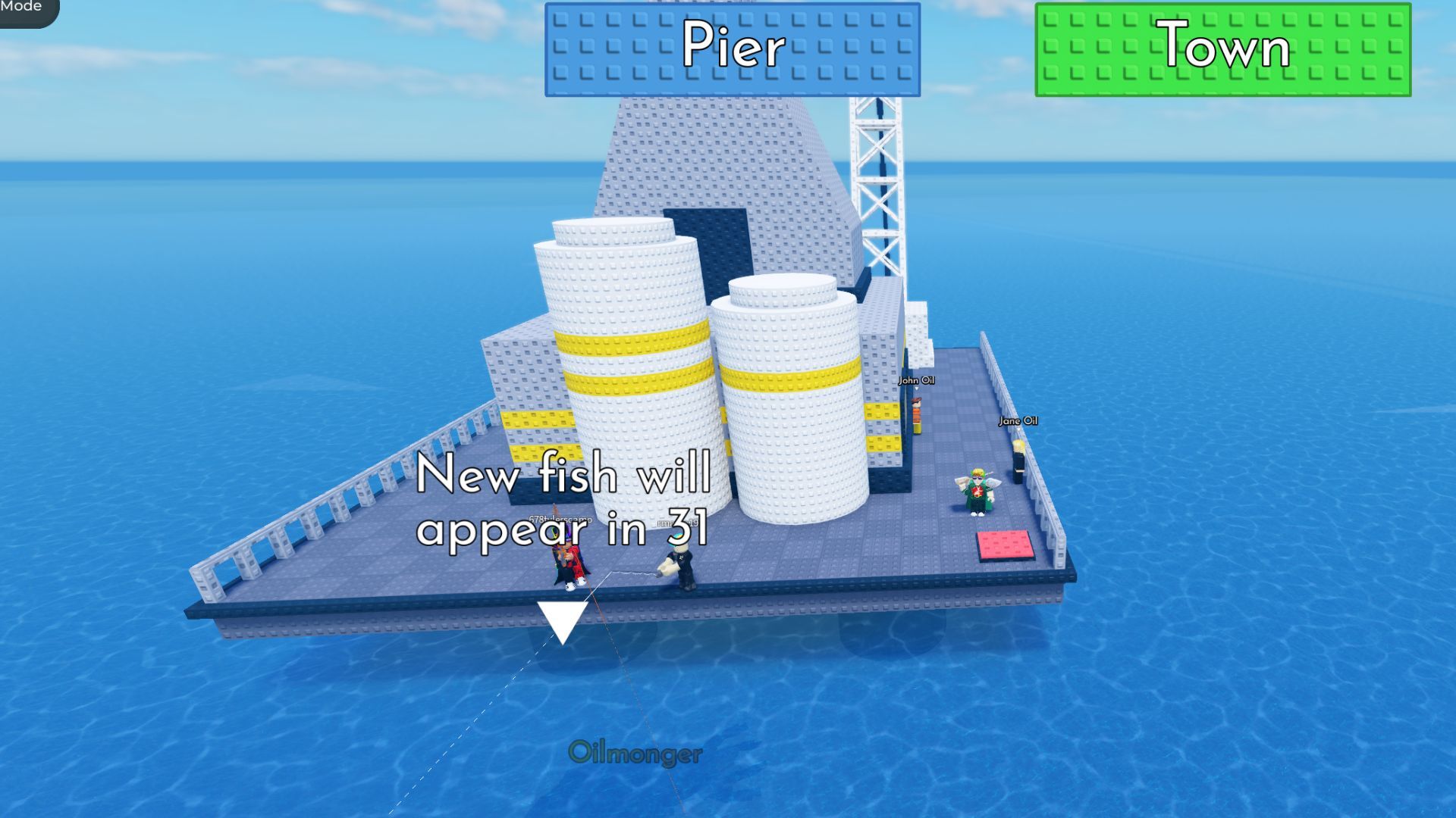 Use the teleporter in the town to reach the Oil Rig (Image via Roblox)