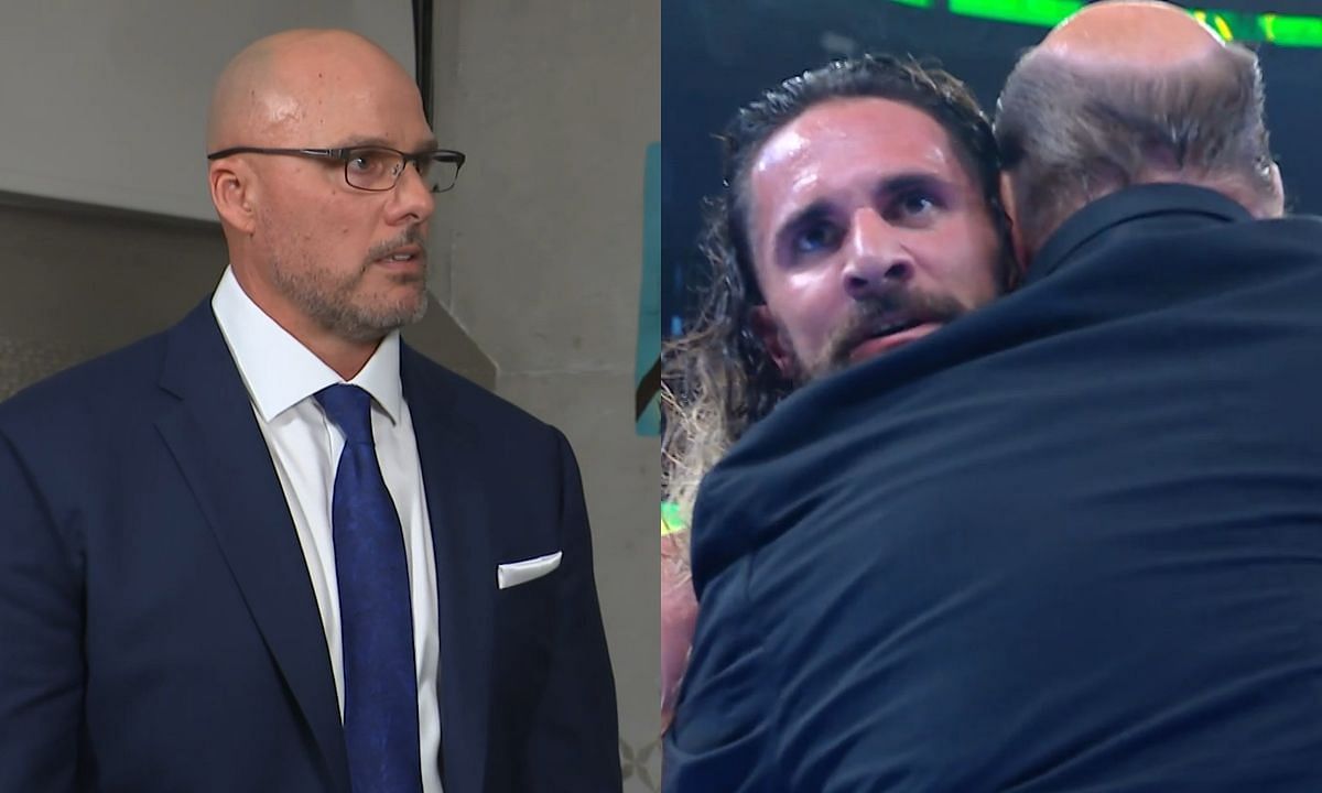WWE RAW General Manager, Adam Pearce (L) and Seth Rollins and Paul Heyman (R). [Photo credit: WWE.com]