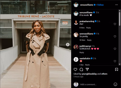 Serena Williams gushing over her sister's outfits; Instagram - @venuswilliams