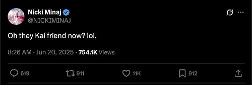 Nicki Minaj's cryptic tweet on June 19 (Image via X/@NICKIMINAJ)