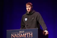 Cooper Flagg (#2) of the Duke Blue Devils speaks during the Naismith Awards Brunch after being given the Naismith Trophy as the most outstanding player in men's college basketball. Photo: Getty