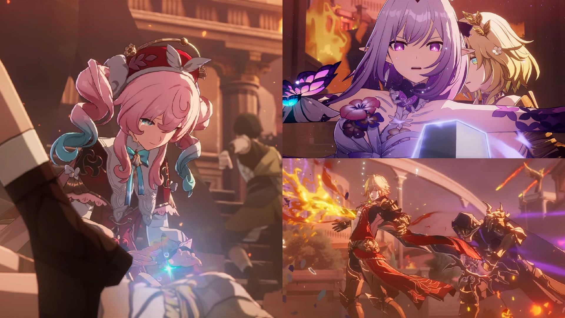 Flashbacks from earlier cycles: Casotrice protects Aglaea, Hyacine breaks down, and Mydei is struck down by the Flame Reaver (Image via HoYoverse)