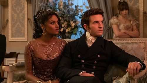 Simone Ashley, Jonathan Bailey, and Claudia Jessie in Bridgerton (Image via Netflix)