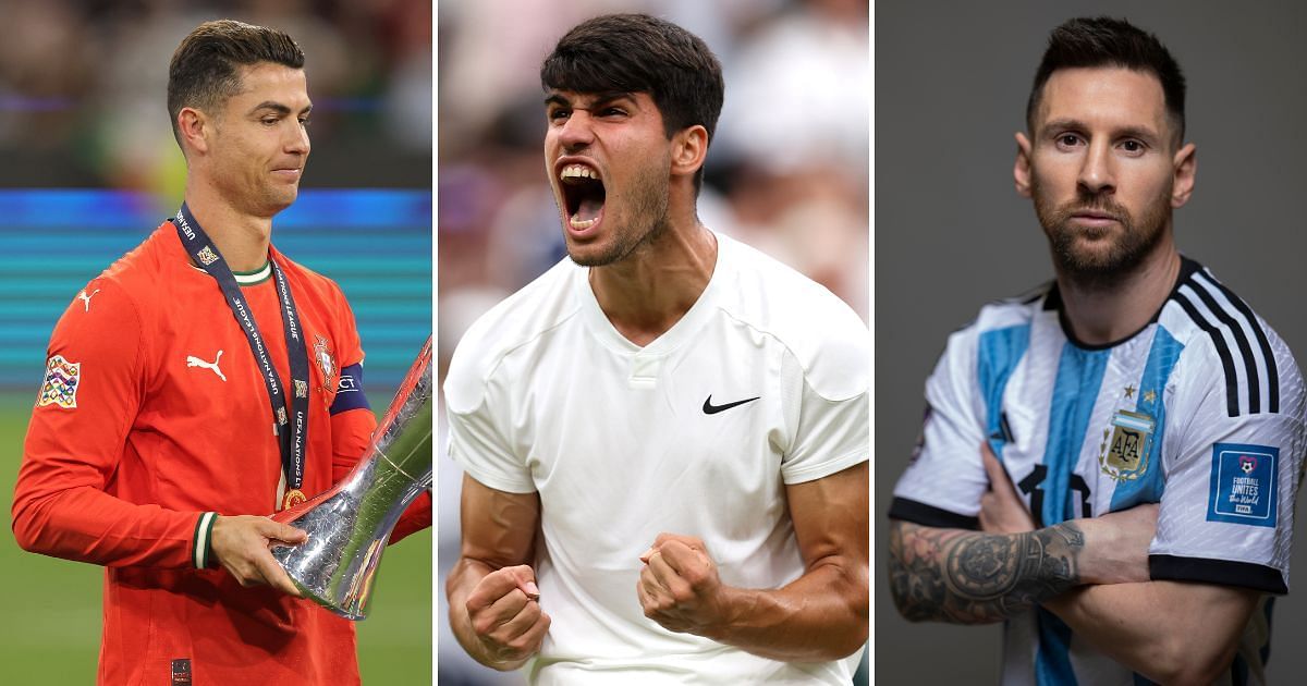L to R: Cristiano Ronaldo, Carlos Alcaraz, and Lionel Messi (All images sourced from Getty)