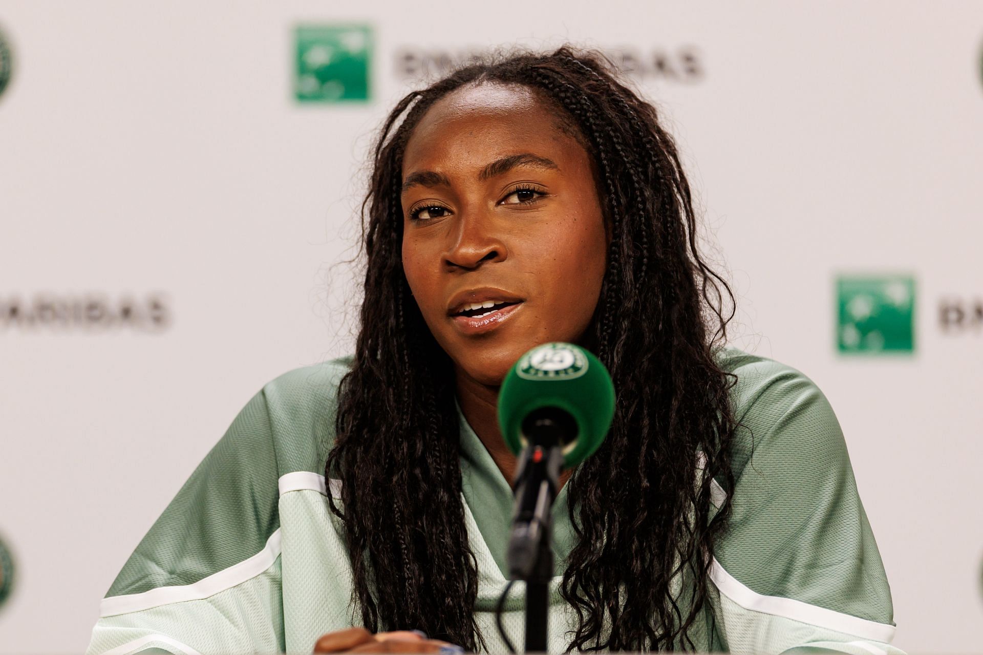 Coco Gauff during a press conference at the 2025 French Open (Source: Getty)