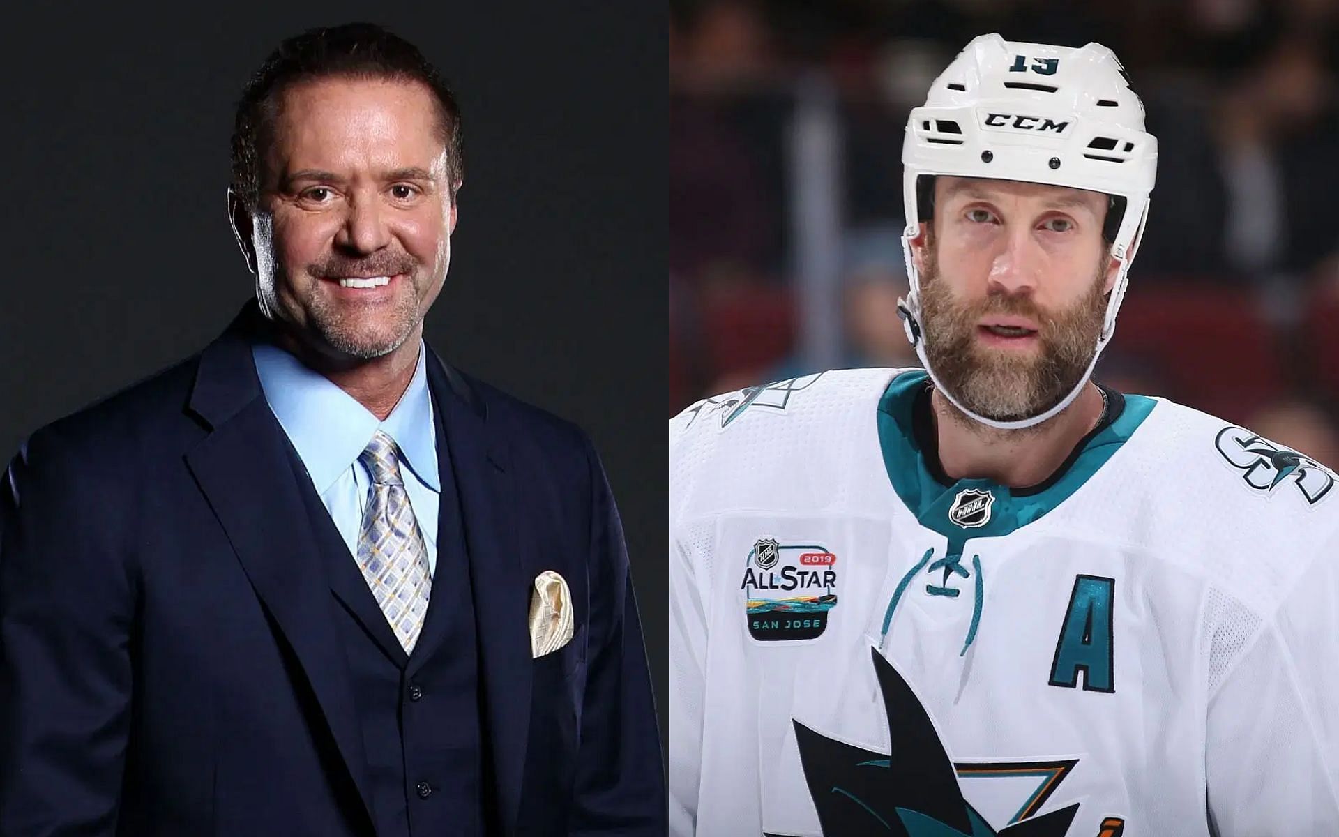 Former UFC commentator Mike Goldberg [Left] congratulates NHL legend Joe Thornton [Right] on Hall of Fame induction [Image courtesy: Getty Images]