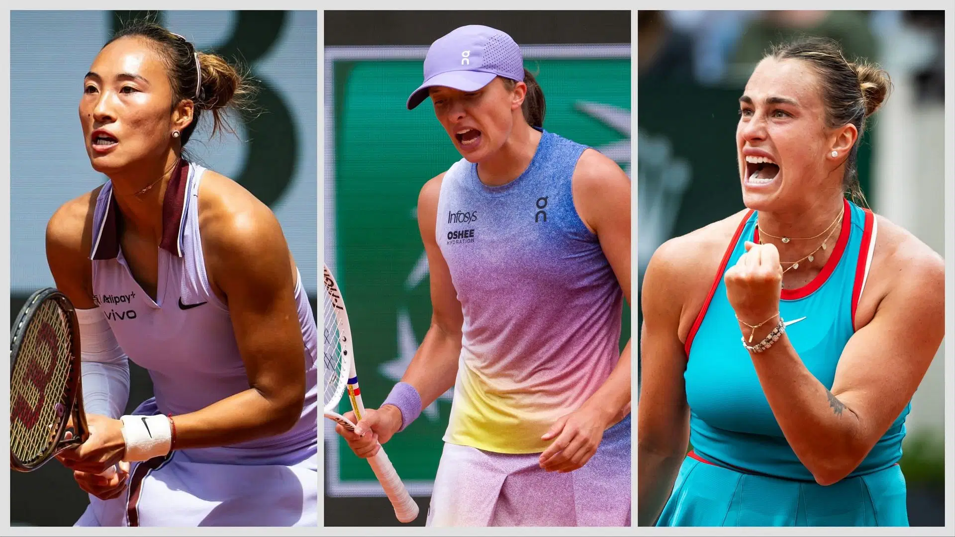 From L-R: Zheng Qinwen, Iga Swiatek and Aryna Sabalenka. (Photos: Getty)