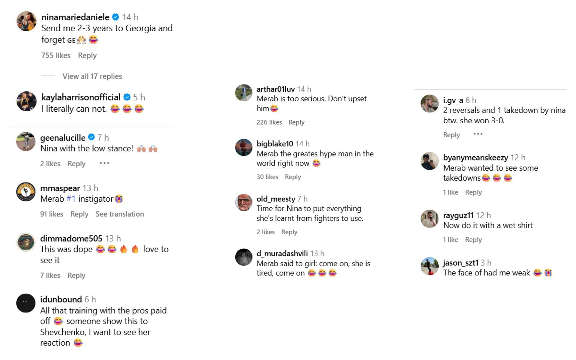 Fans react to the video of Nina-Marie Daniele wrestling with a Georgian woman. [Screenshots courtesy: @mma.pros.pick on Instagram]