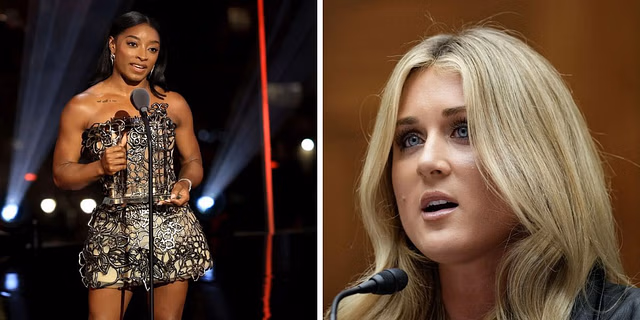 Riley Gaines expresses her feelings on drawing comparison with Larry Nassar amid her feud with Simone Biles. (Images by Getty)
