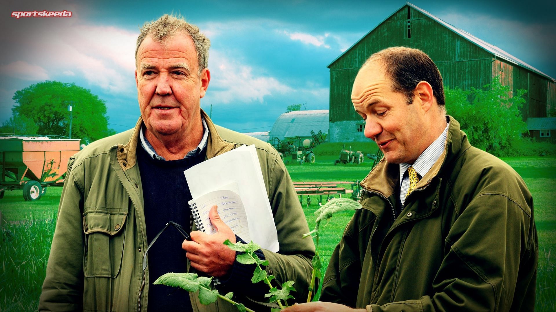 Jeremy Clarkson and Charlie Ireland examining crops in Clarkson