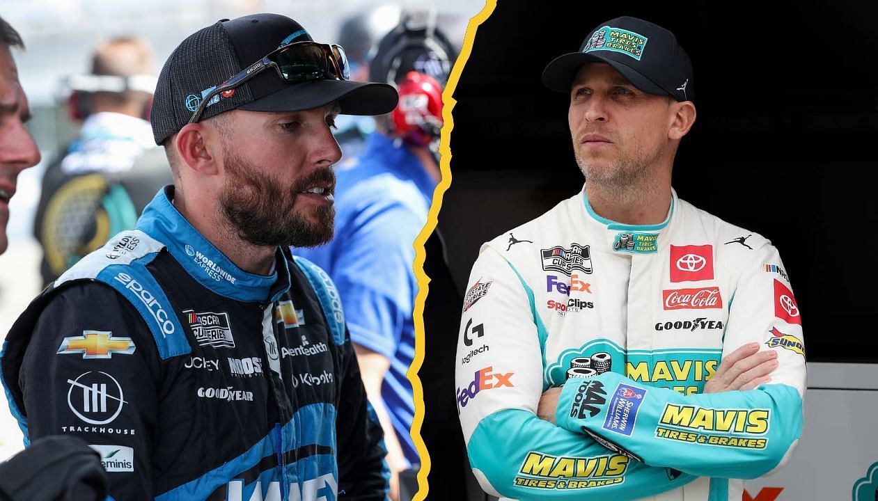 A side-by-side image of (Left) Apr 27, 2024; Dover, Delaware, USA; NASCAR Cup Series driver Denny Hamlin looks on during practice and qualifying for the Wurth 400 at Dover Motor Speedway. Mandatory Credit: Matthew O