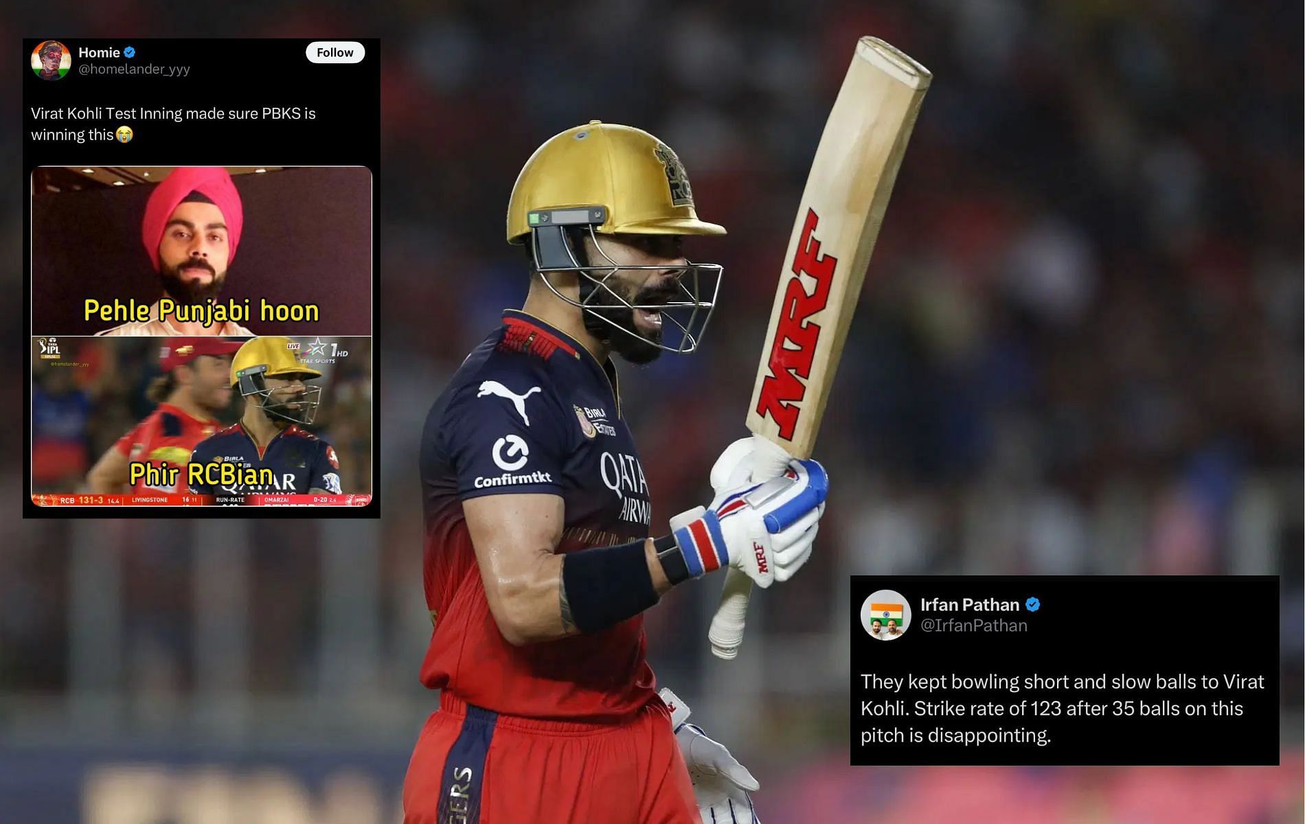 Virat Kohli scored 43 runs off 35 balls. (Pics: Getty Images/X/@homelander_yyy/@IrfanPathan).