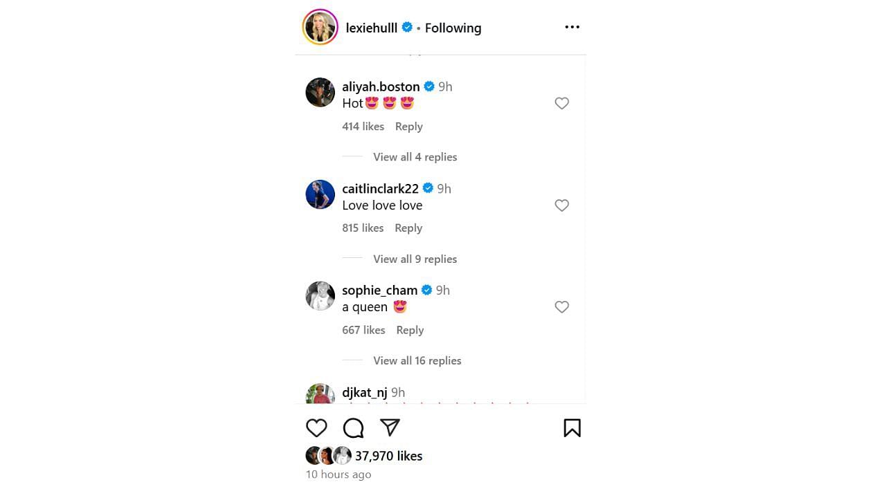 Caitlin Clark, Sophie Cunningham and Aliyah Boston&#039;s reactions to Lexie Hull&#039;s Instagram post on Wednesday. [photo: @lexiehull/IG]