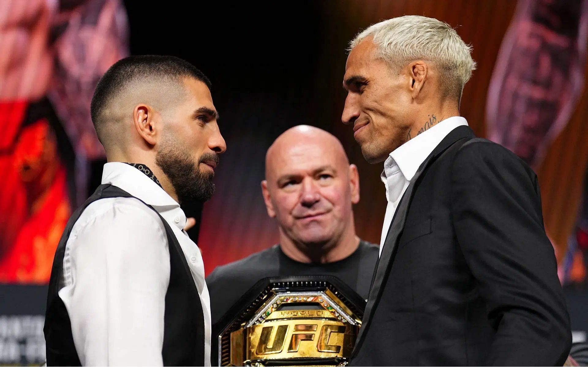 Ilia Topuria (left) and Charles Oliveira (right) face-off ahead of UFC 317 clash. [Images courtesy: Getty Images]