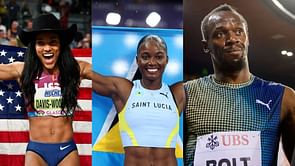 Tara Davis-Woodhall reacts to wholesome moment between Usain Bolt and Julien Alfred during victory ceremony at Oslo Diamond League
