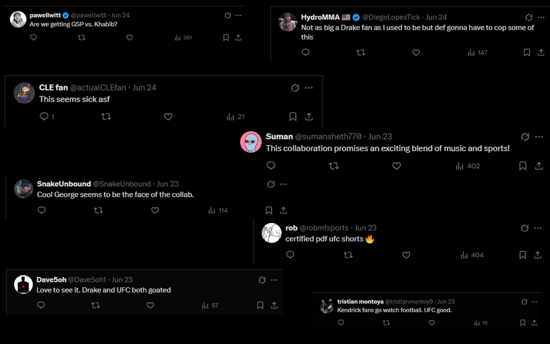 Screenshot of fan comments and reactions on Drake&#039;s new collaboration,. along with Georges St-Pierre. [Screenshot courtesy: @ChampRDS on X]