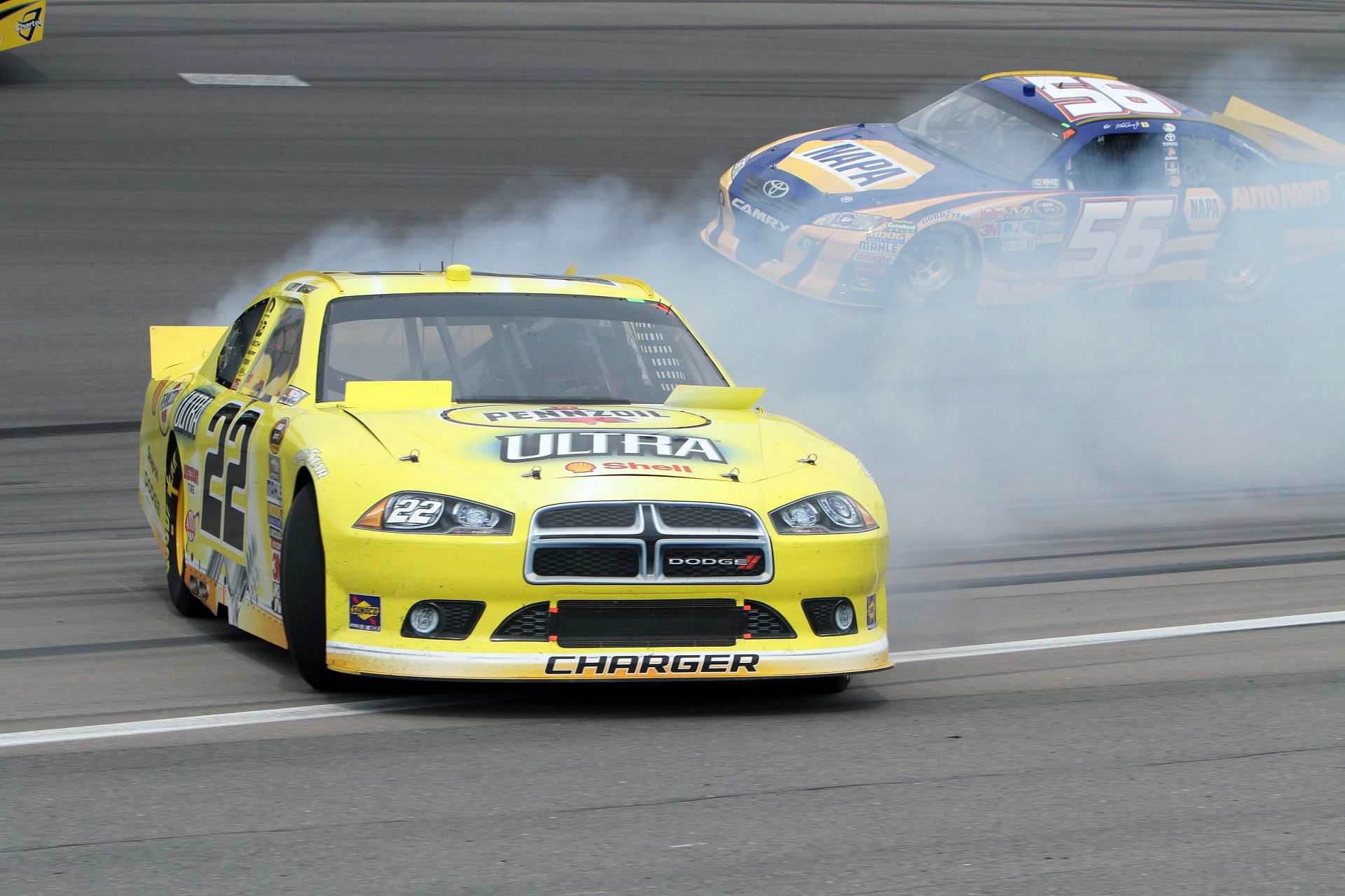 March 6, 2011: Kurt Busch (22) Penske Racing Shell Pennzoil Dodge Charger spins out during the Kobalt Tools 400 at Las Vegas Motor Speedway in Las Vegas, NV. (Photo by Matthew Bolt/Icon SMI/Corbis/Icon Sportswire via Getty Images) - Source: Getty