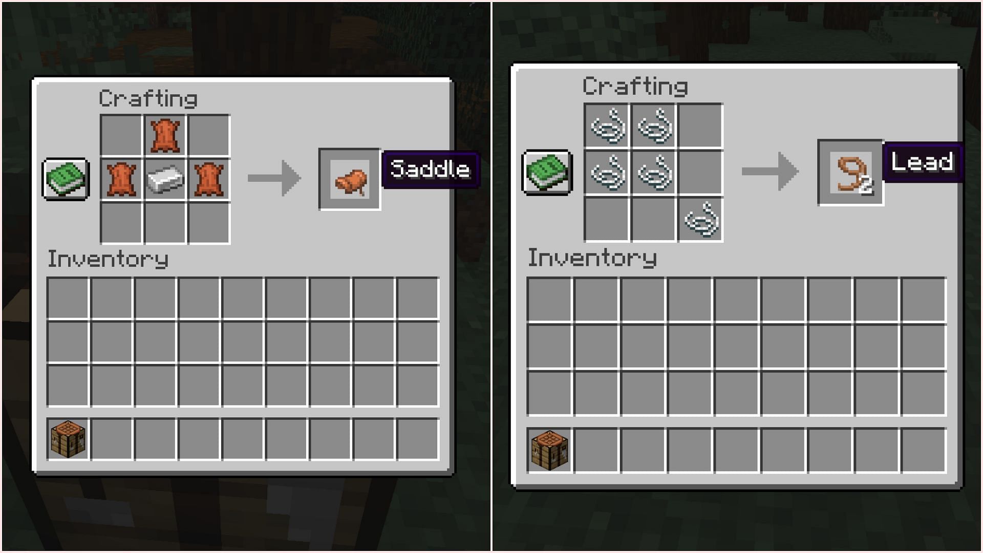 Saddles and leads will be new and simplified crafting recipes, respectively (Image via Sportskeeda Gaming || Mojang Studios)