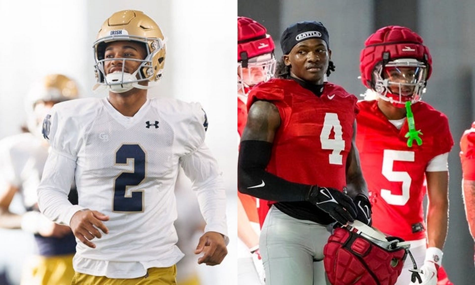 Notre Dame cornerback Leonard Moore and Ohio State star Jeremiah Smith. (Picture credit: Imagn)