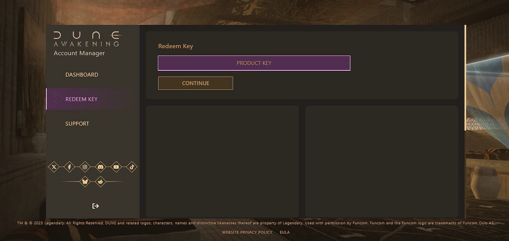 Redeem Key page (Image via Funcom)