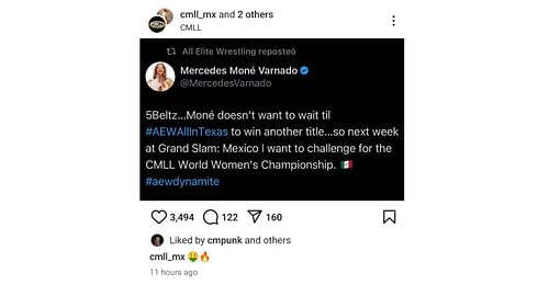 Screenshot of CM Punk liking CMLL's IG post.