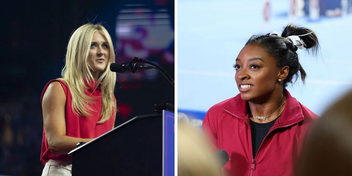 Riley Gaines invites Simone Biles in her advocacy journey. (Images by Getty)
