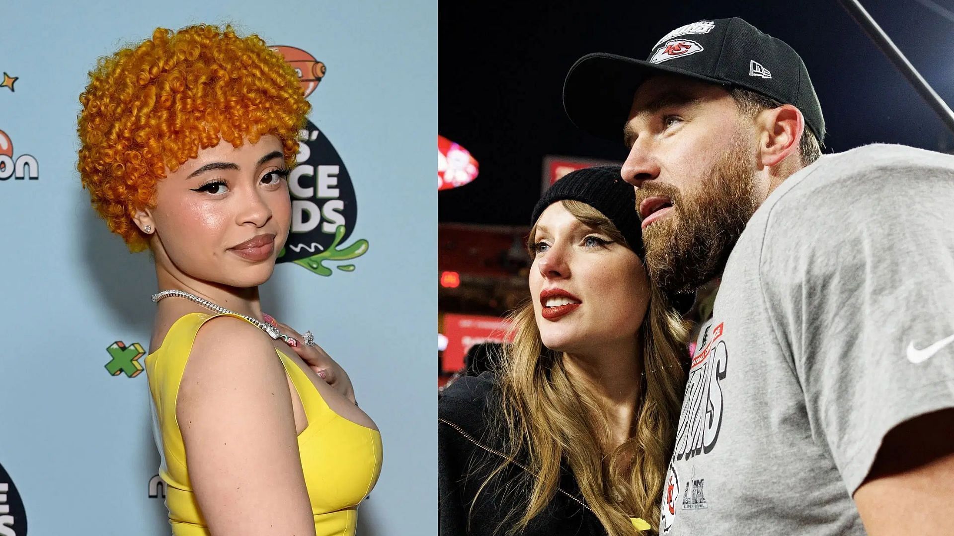 From L to R, Ice Spice, Taylor Swift and Travis Kelce: Image via Getty Images