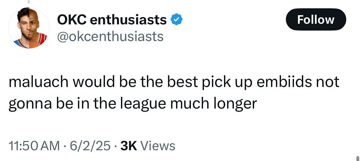 A fan says Maluach would be a better pickup than Johnson (image credit: x/nbacentral)