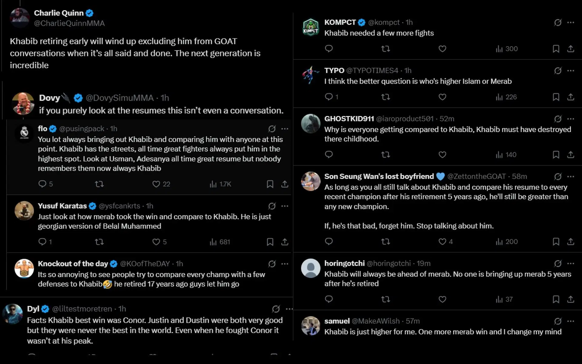 Fans weigh in on ongoing Merab Dvalishvili vs. Khabib Nurmagomedov GOAT status debate. [Screenshots courtesy: @DovySimuMMA and @CharlieQuinnMMA on X]