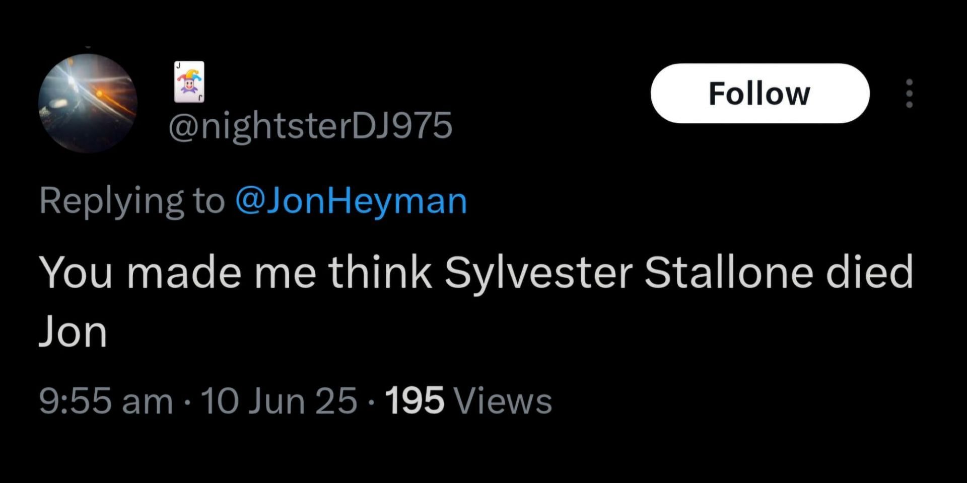 Stallone's fans were mistaken by Sly Stone's death announcement. (Image via X/@nightsterDJ975)