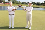 Jin Hee Im and Somi Lee pose with the trophy the Dow Championship 2025 (Image Source: Getty)