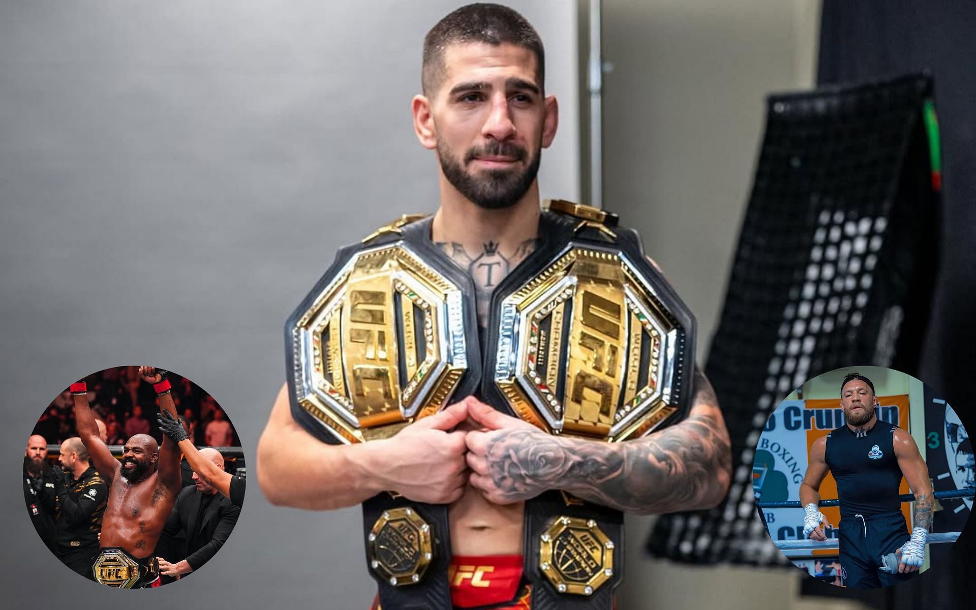 Ilia Topuria (center) succeeded in doing something that even MMA greats like Jon Jones (left inset) and Conor McGregor (right inset) couldn