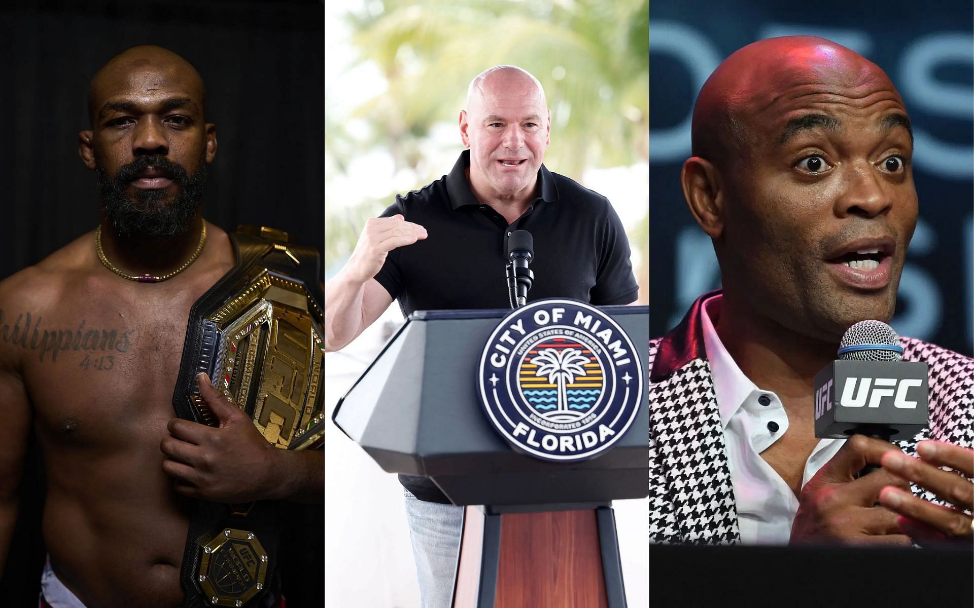 Dana White (middle) compares Jon Jones (left) to Anderson Silva (right). [Images courtesy: Getty Images]