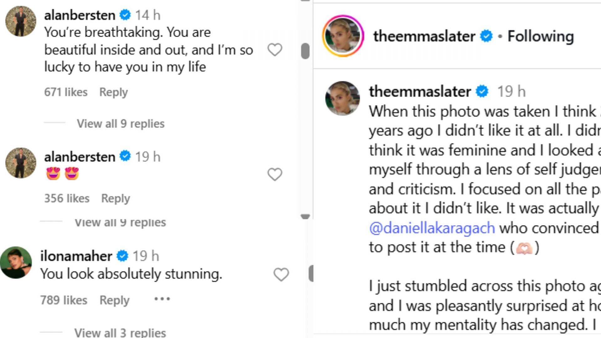 Screenshot of comments (IG/@theemmaslater)