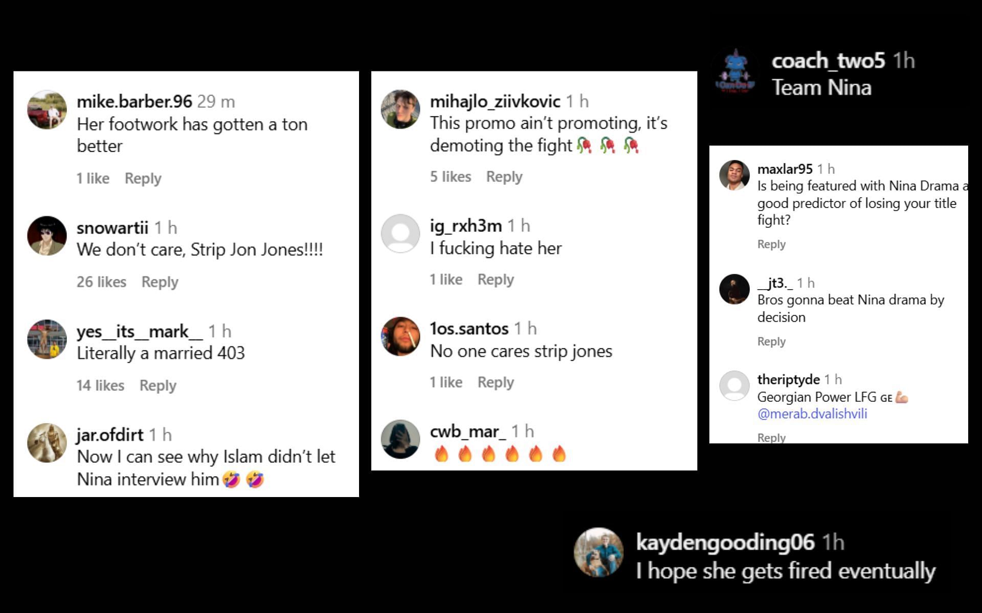 Fans react to the video of Nina-Marie Daniele and Merab Dvaishvili training together. [Screenshots courtesy: @ninamariedaniele on Instagram]