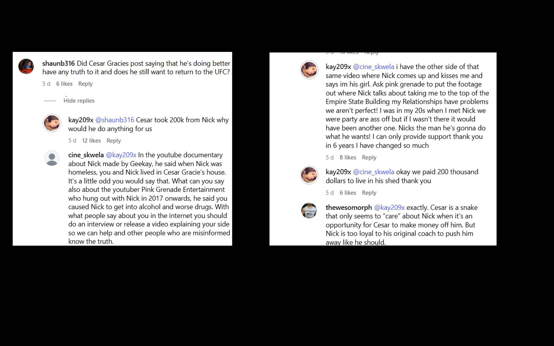 Nick Diaz&#039;s girlfriend accuses Cesar Gracie. [Screenshots courtesy: @kay209x on Instagram]