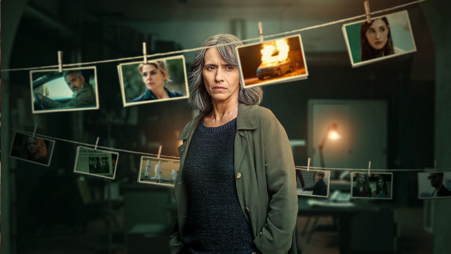 A still and poster from Sara: Woman in the Shadows season 1 