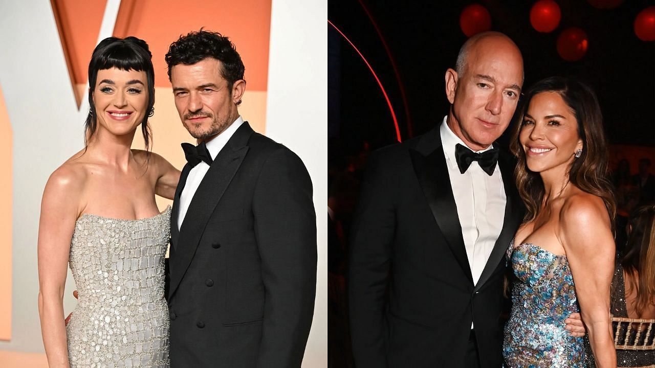 L to R: Katy Perry, Orlando Bloom, Jeff Bezos and Lauren Sanchez (both images via Getty)
