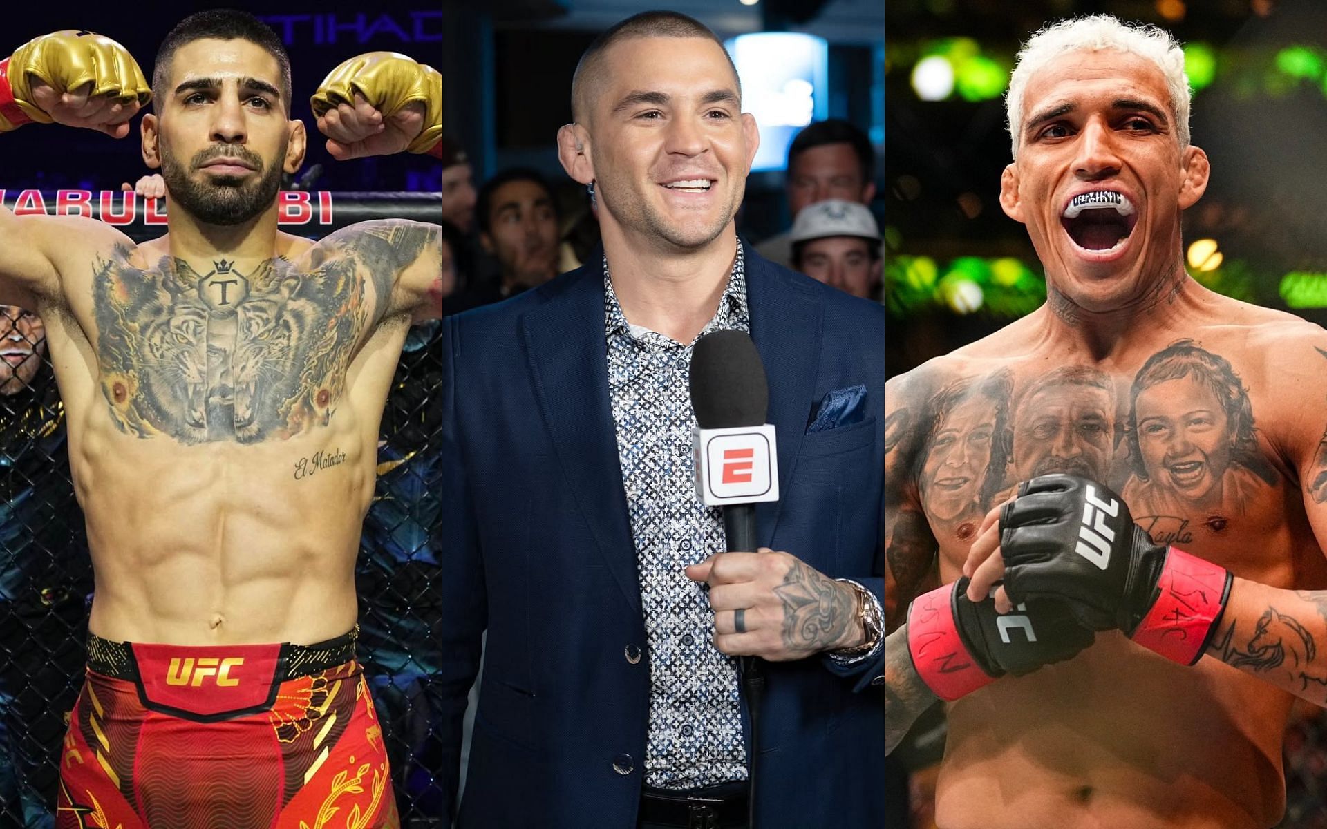 Dustin Poirier (center) discusses the Ilia Topuria (left) vs. Charles Oliveira (right) fight. [Images courtesy: @ufceurope and @dustinpoirier on Instagram]