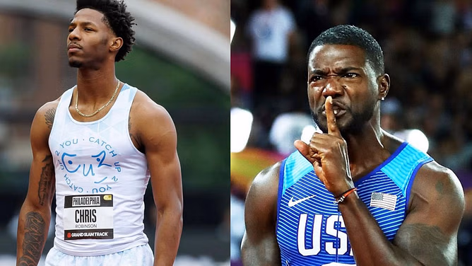 Justin Gatlin reacts as Chris Robinson gets modeling contract after viral wardrobe mishap during race